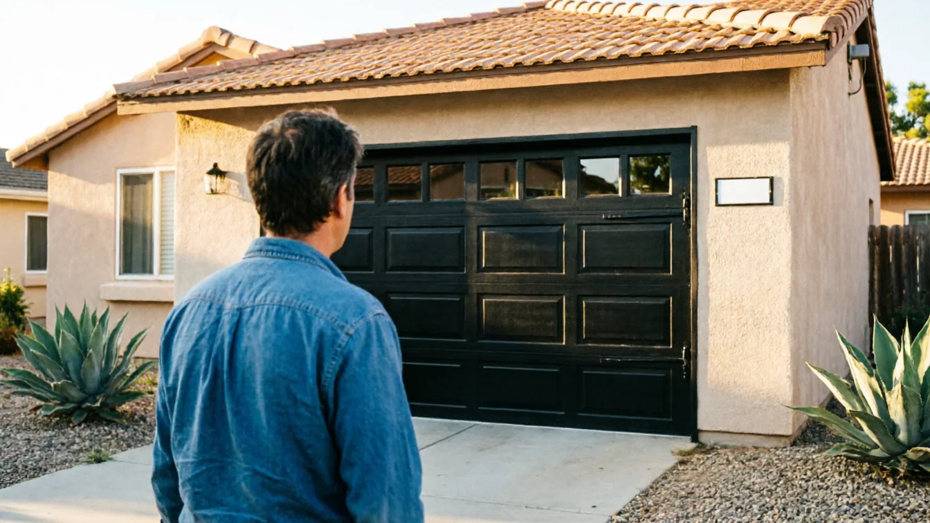A man in a blue shirt stands facing a black garage door on a tan house.