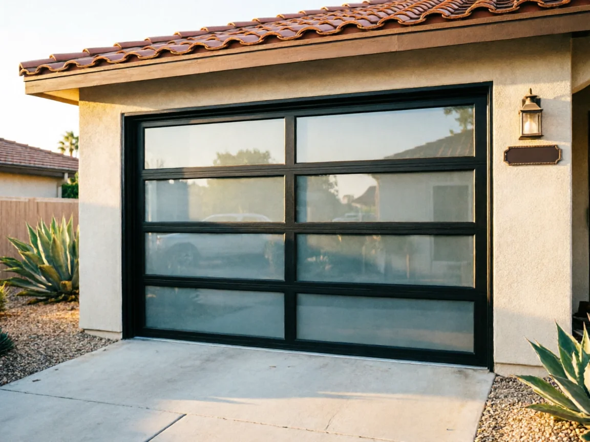 The house has a modern black garage door with frosted glass panels.