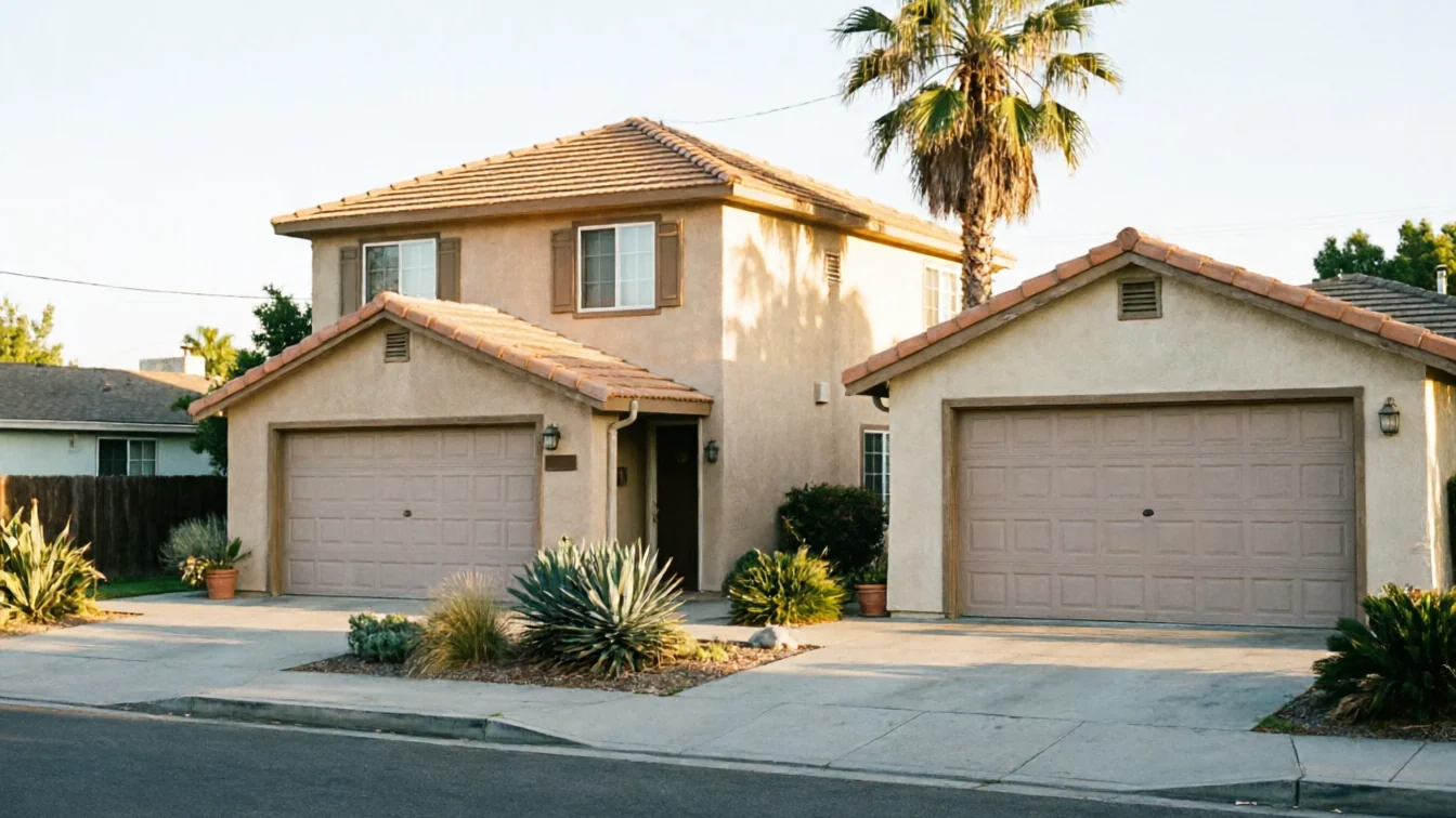 A two-story house with two beige garage doors and a separate garage on the right.