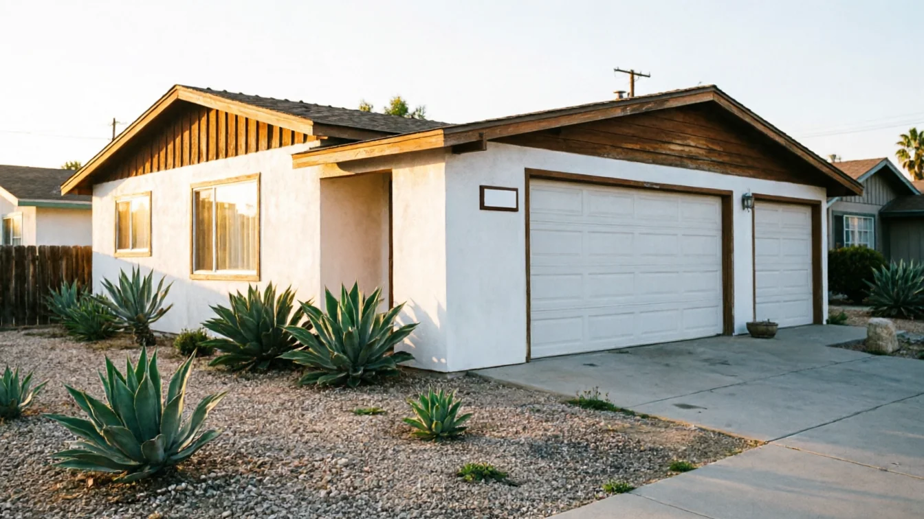 A white house with two white garage doors and a gravel yard with agave plants.