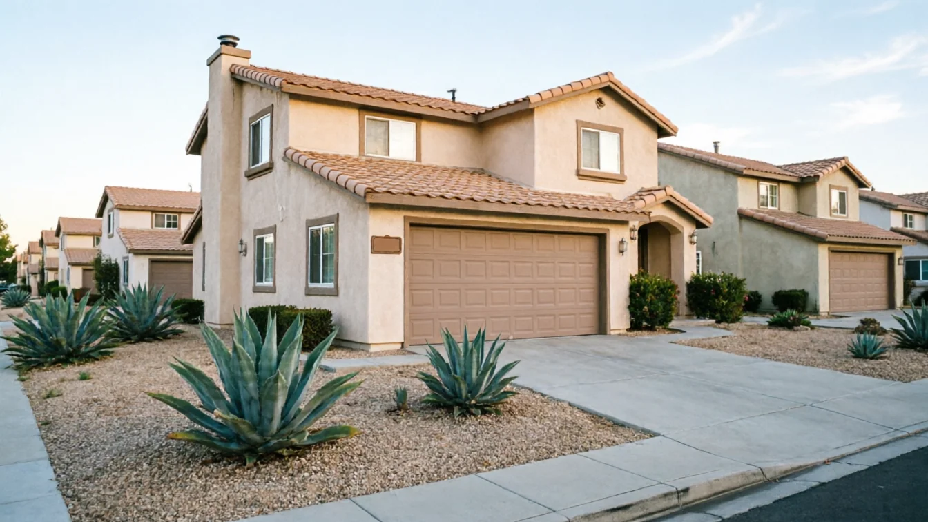 The house has a brown garage door and a light brown stucco exterior.