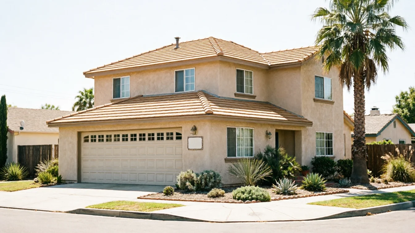 A two-story stucco house with a tan garage door and a palm tree.