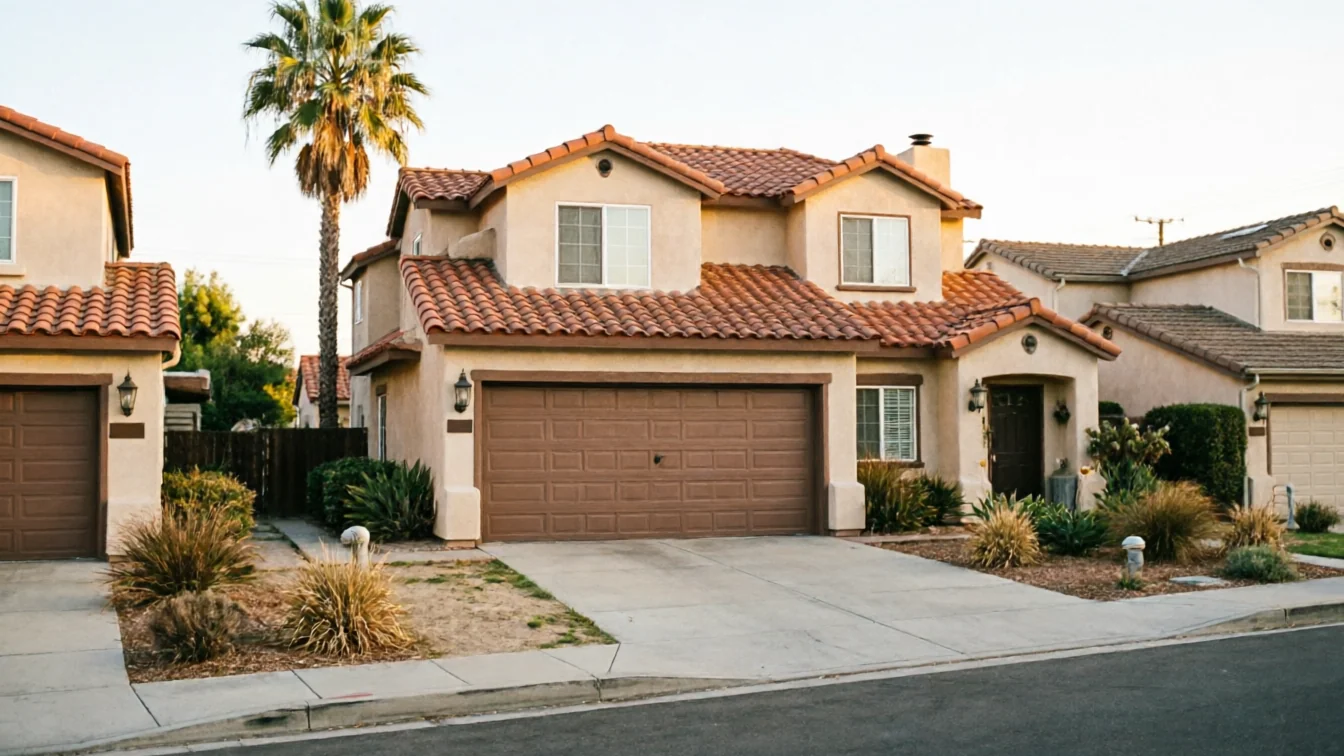 A two-story house with a brown garage door and a palm tree in the front yard.