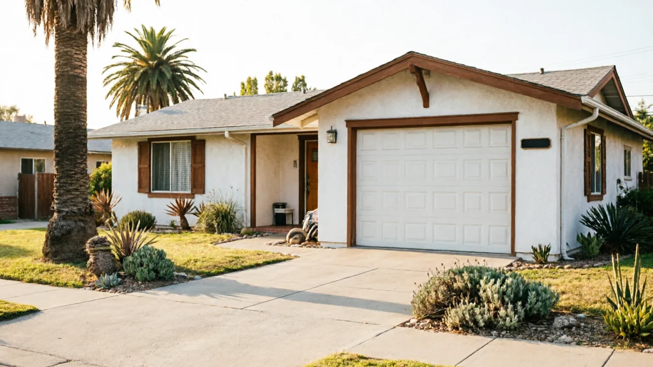 The house has a white garage door with panels and brown trim.