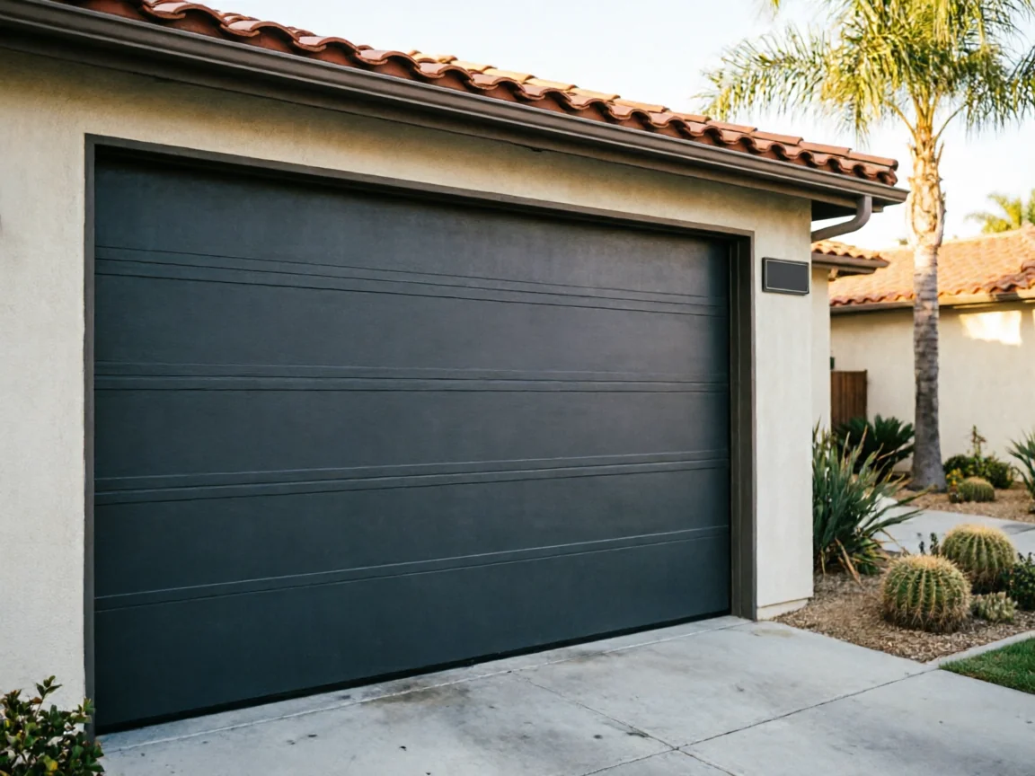 A dark gray garage door with horizontal panels on a stucco house.