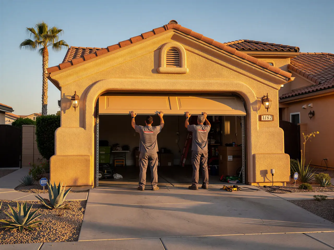 Two technicians install a tan garage door on a stucco house.
