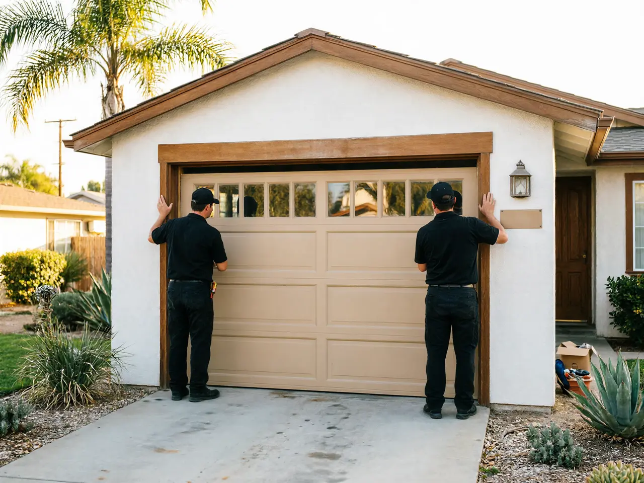 Two technicians install a tan garage door with windows on a white house.