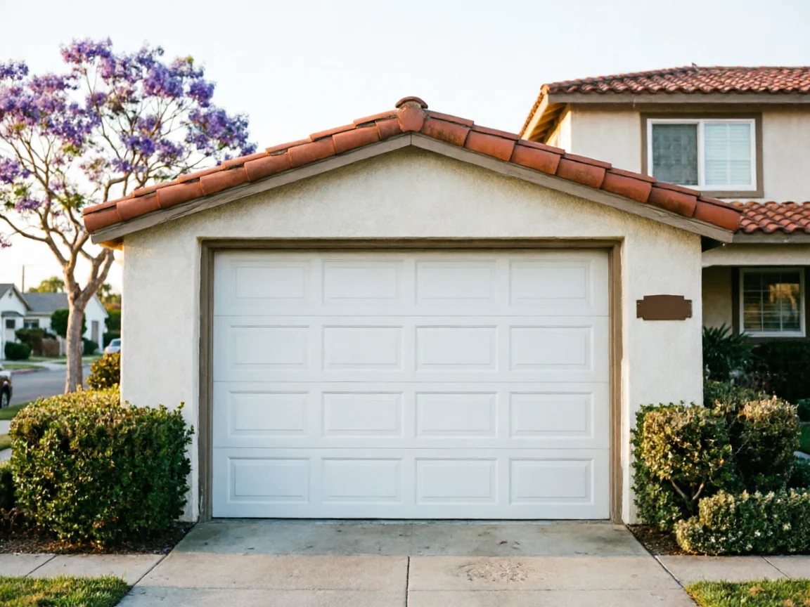 A white garage door is on a stucco house with a red tile roof.