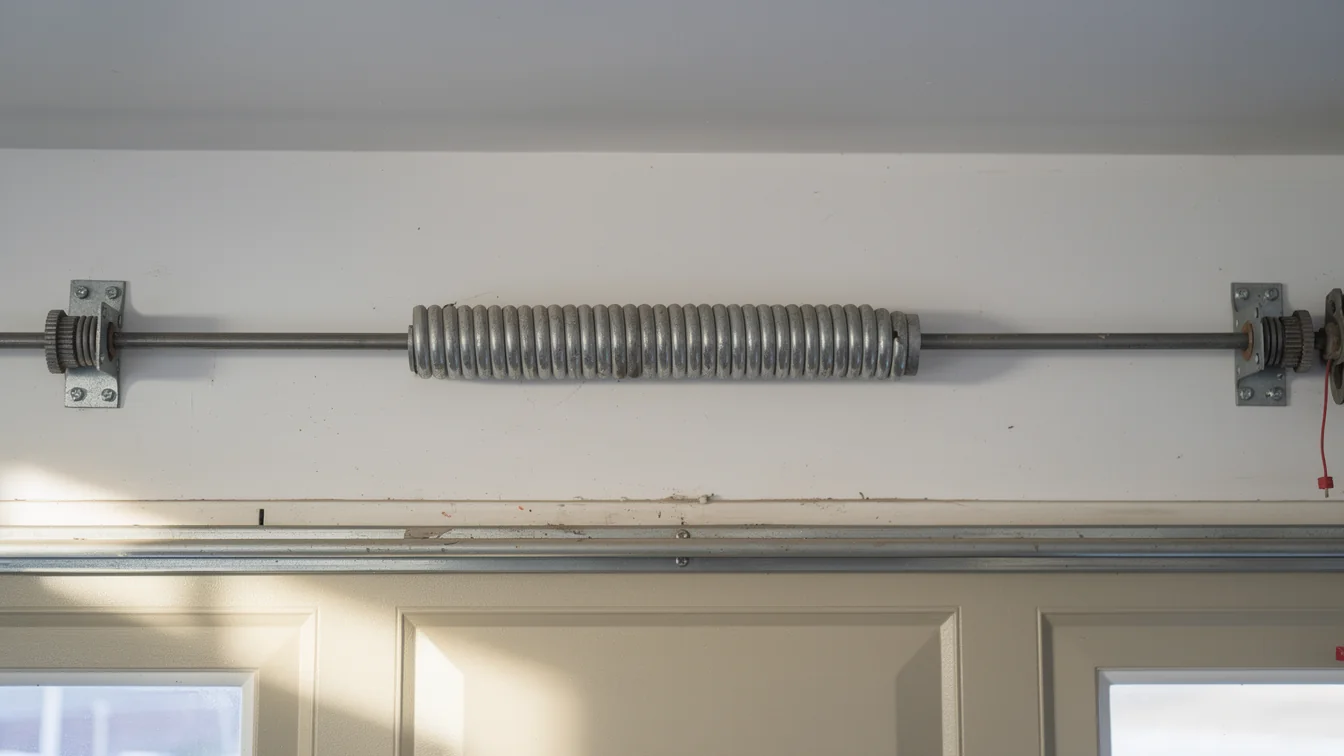 A torsion spring is mounted above a white garage door.