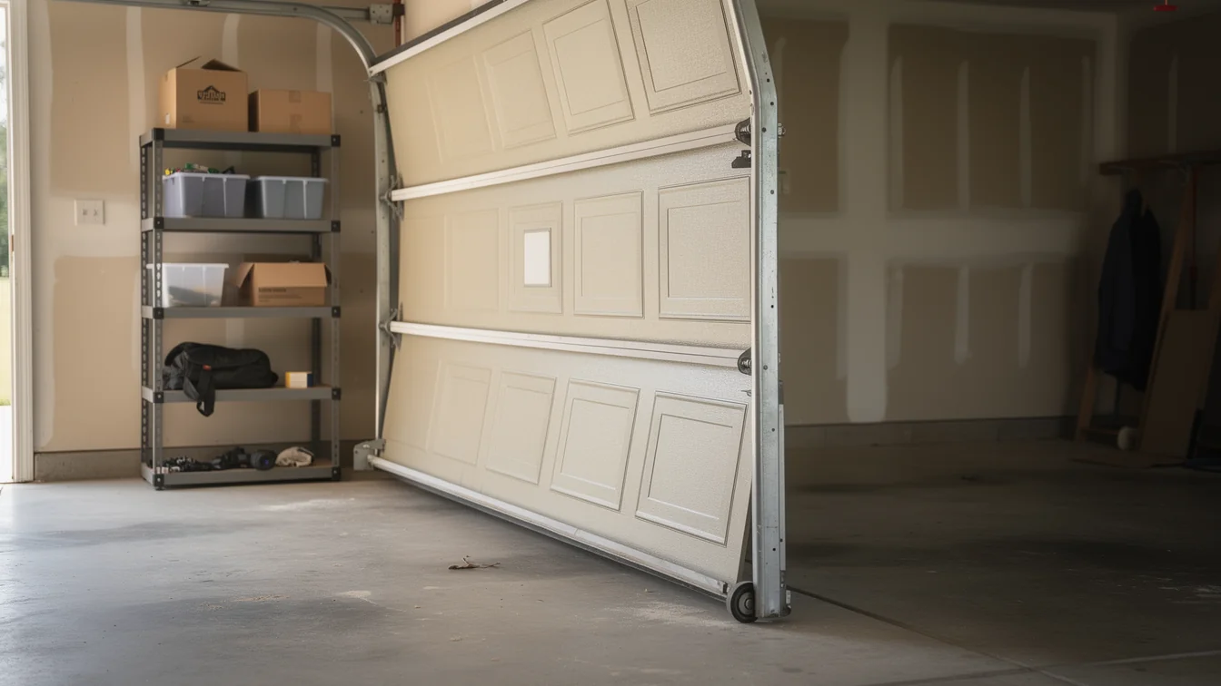 A garage door is off its tracks and leaning into the garage.